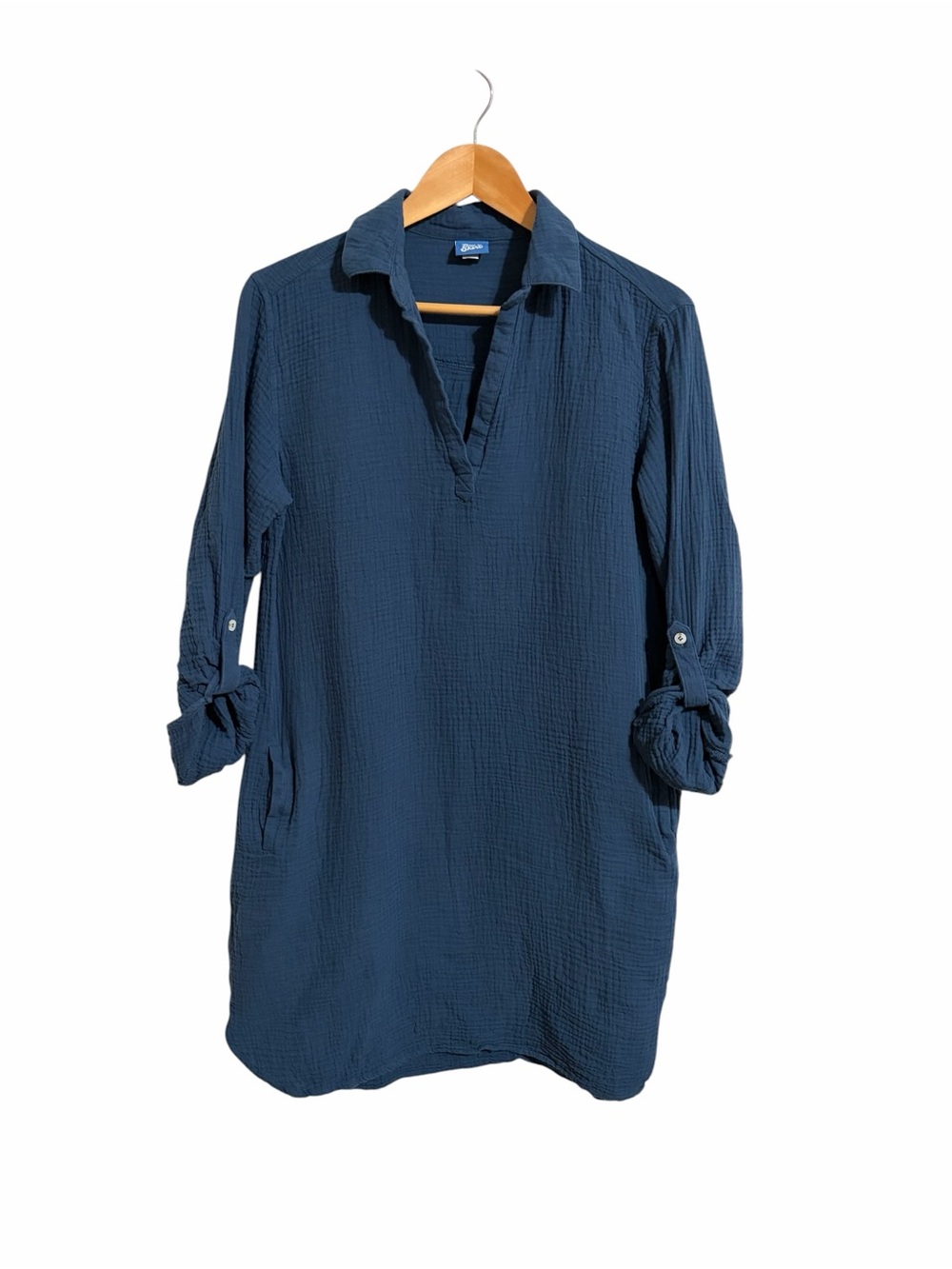 Ripskirt Hawaii Navy Double Gauze Tunic Dress 3/4 Sleeve Pockets Travel Boho M